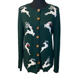 Christopher & Banks green Christmas themed reindeer button front cardigan size M